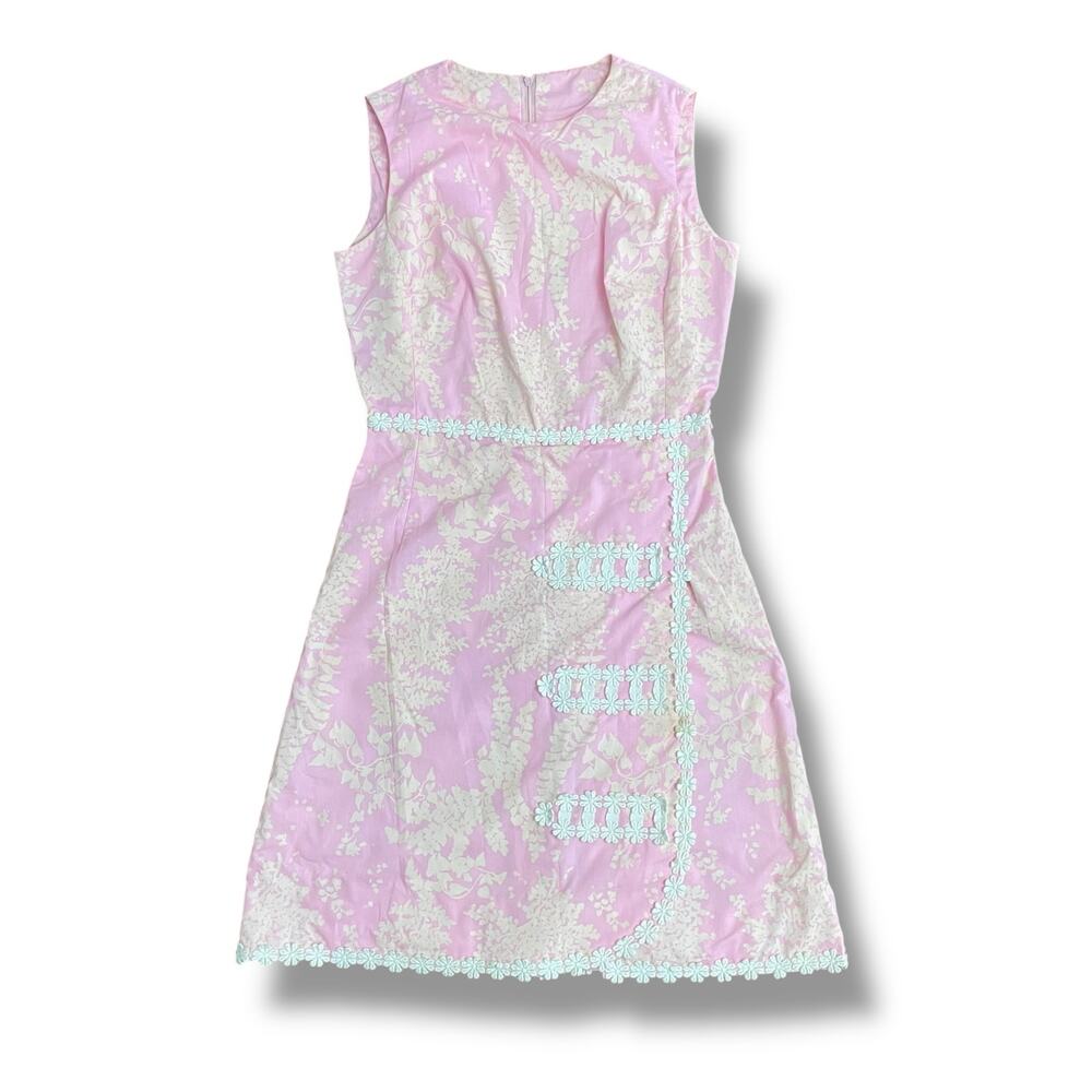 Vintage 60s ML Miami Pink Floral Daisy Trim Mod Shift Dress Size 12